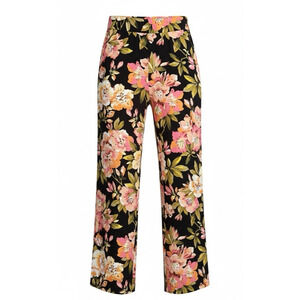 LOFT Wide Leg Floral Pants Sz S Navy Pink Tropical Viscose Elastic Waist Pockets